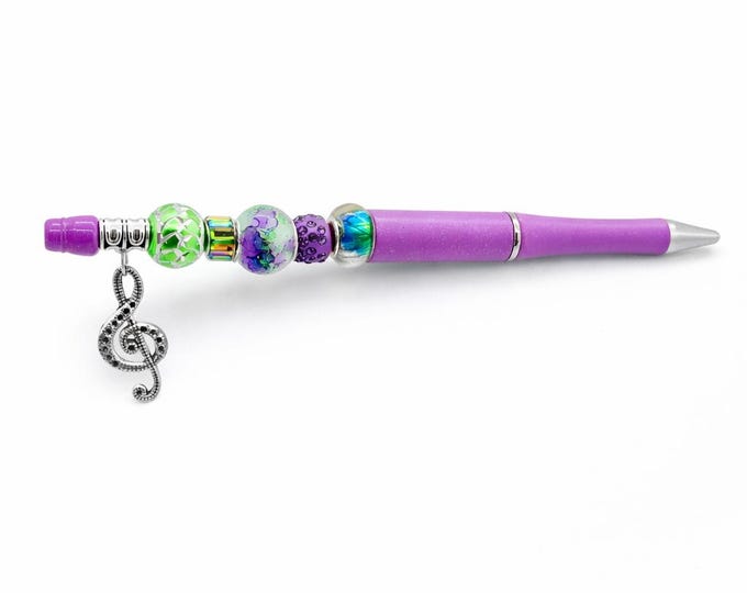 Bejeweled G-Clef Charm Pen – Purple Beaded Music Lover Writing Instrument