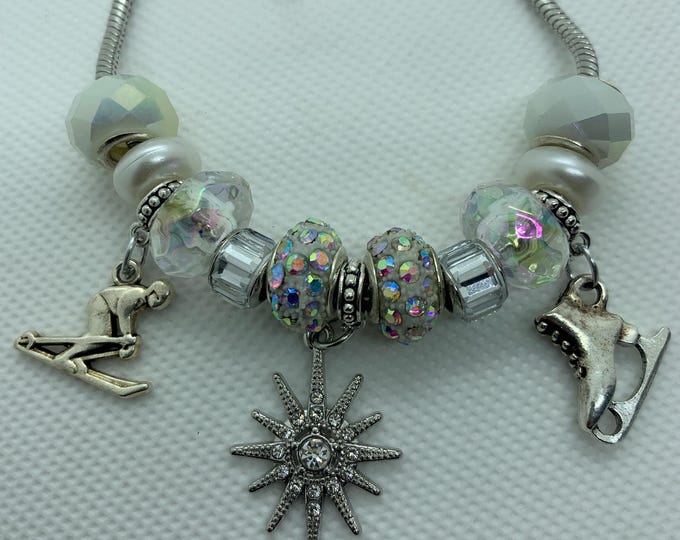 Winter Sports Charm Bracelet – Ski & Ice Skate Dangle Charms – Sparkling Iridescent Beads – Handmade Snowflake Jewelry Gift for Her