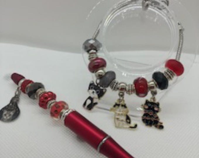 Red Beaded Pen & Bracelet Gift Set with Cat Charms with 2 refills and matching Organza pouch