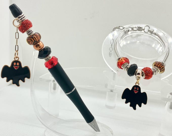 Handmade Halloween spooky  Bat Charm Bracelet and Beaded Rhinestone Pen Gift Set – Red, Black and Orange Glass Beads