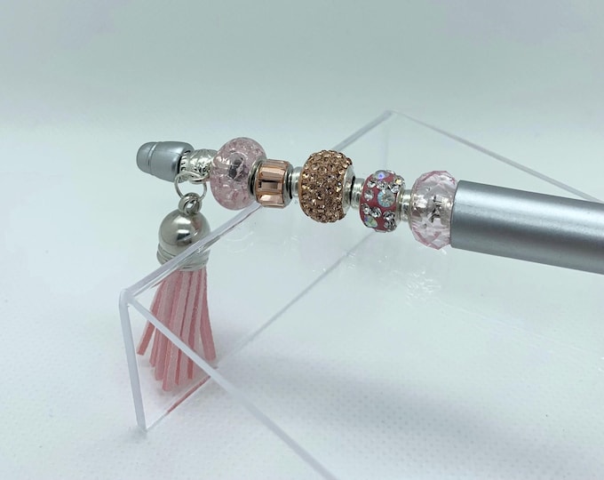 Bejeweled Pink/Silver pen w/leather tassel