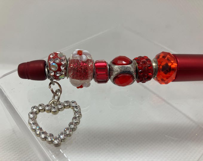 Red Beaded Pen handmade with Rhinestone Heart Charm, – Valentine’s Gift, Bejeweled Pen for her!