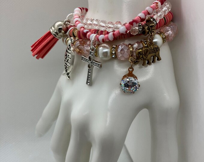 Set of 4 Stackable Stretch Bracelets - Handmade Salmon Beaded Bracelet with Tassel and 5 charms