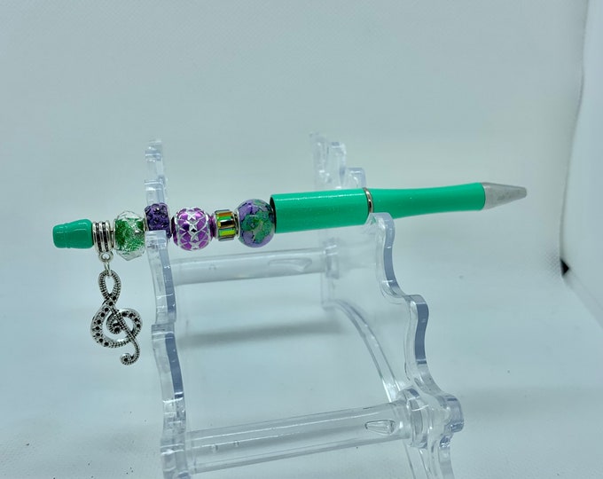Bejeweled lime & purple writing pen w/ musical note charm
