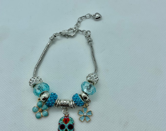 Bejeweled, turquoise and silver Sugar Skull charm bracelet