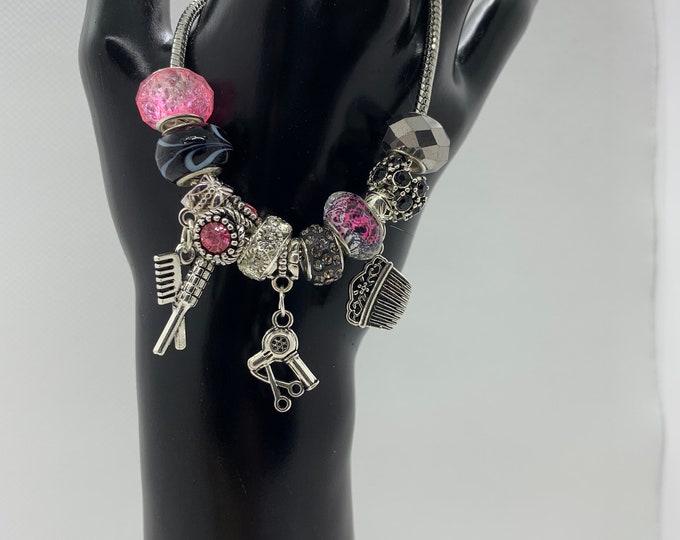 Bejeweled hair stylist pink beaded bracelet w/charms