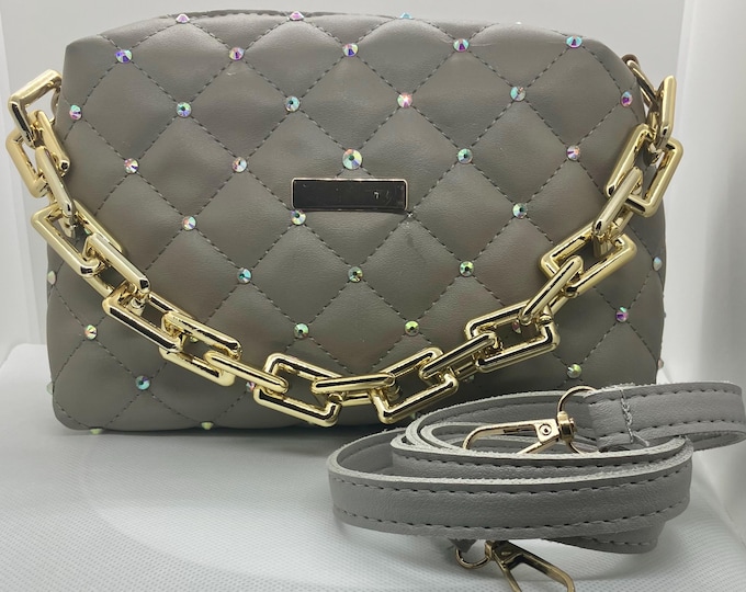 Quilted taupe handbag studded with rhinestones -crossbody