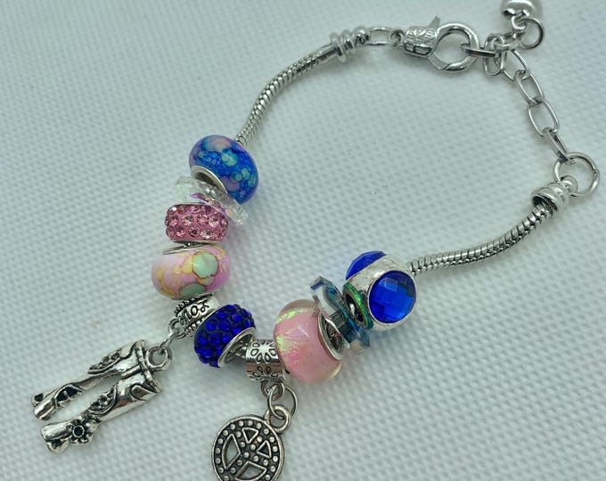 Handmade Boho Charm Bracelet  Pink & Blue Beaded Silver with Peace Symbol  and jeans