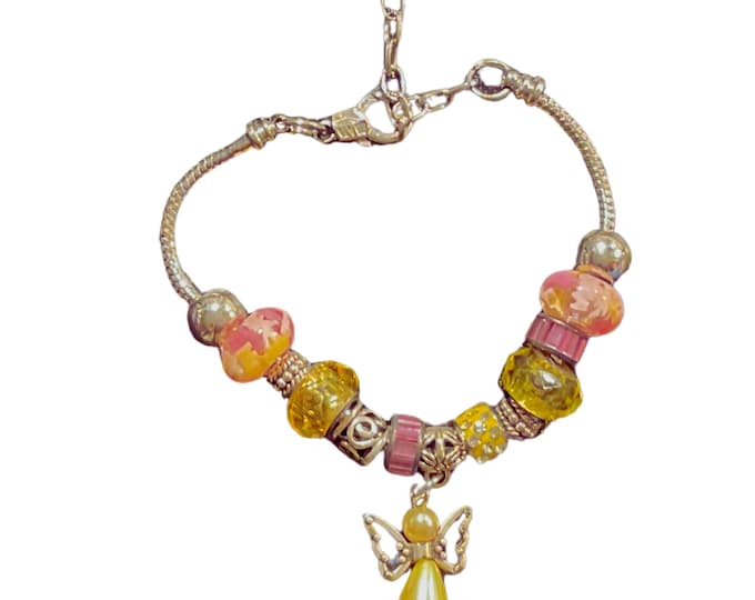Handcrafted Angel Bracelet – Silver-Tone Snake Chain with Yellow Drop Charm & Beads