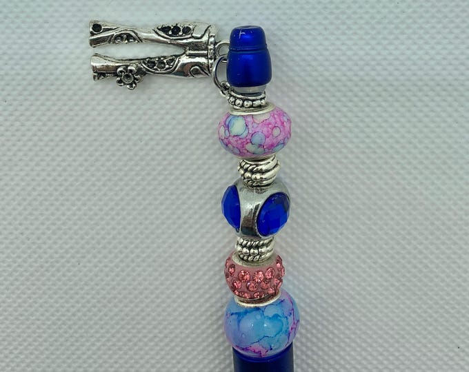 Handmade Boho Charm  Pink & Blue Beaded Silver Pen with Peace Symbol  and jeans