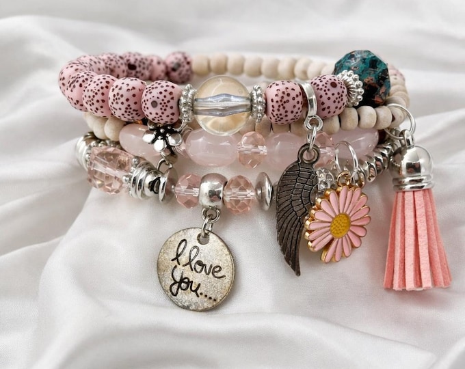 Set of 4 Stackable Stretch Bracelets - Handmade Pink Beaded Bracelet with Tassel and 4 charms