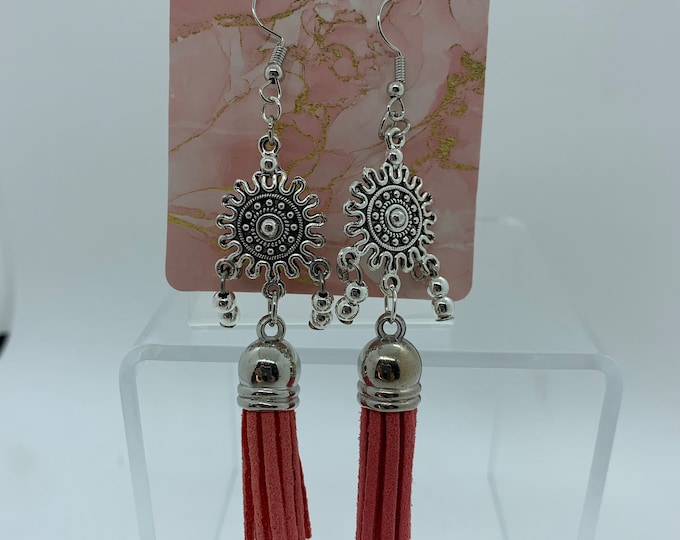 Coral drop earrings w/ leather tassel