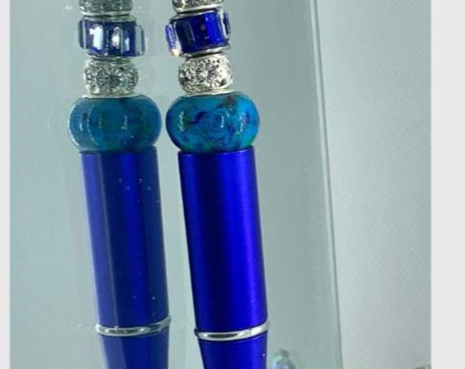 Bejeweled Blue Writing Pen: Rhinestone Crystal Bead Accents
