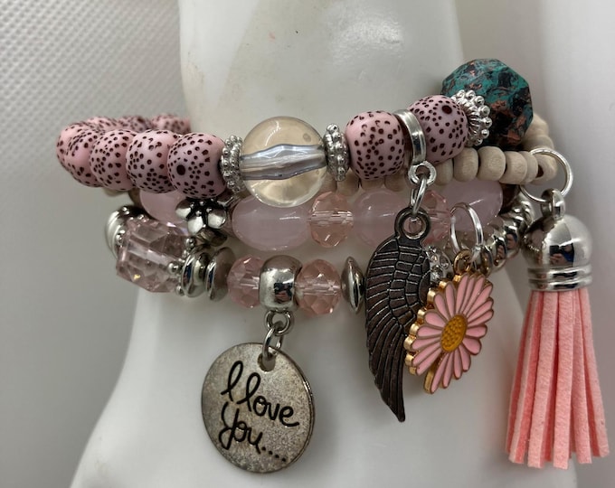 Set of 4 Stackable Stretch Bracelets - Handmade Pink Beaded Bracelet with Tassel and 4 charms