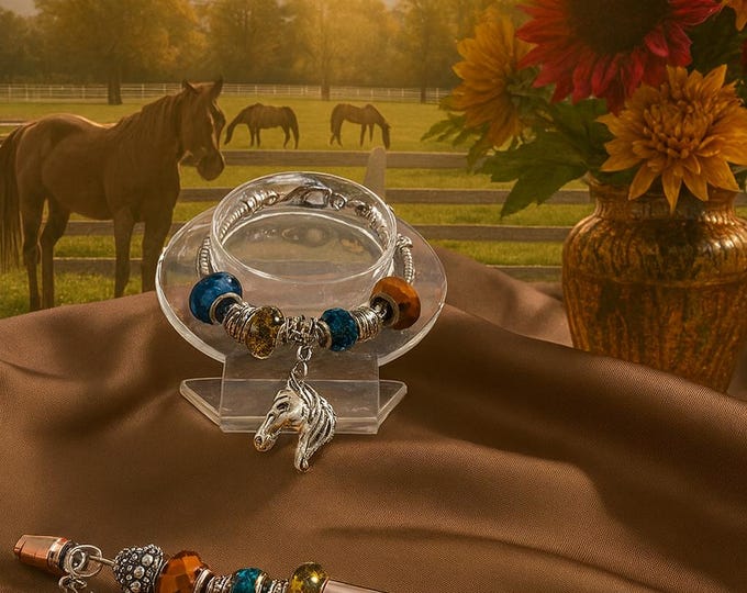 Western Cowgirl Bracelet and Pen Set – Silver Horse Charm, Teal & Bronze Beads, Equestrian Jewelry Gift for Horse Lovers. Incl organza bag