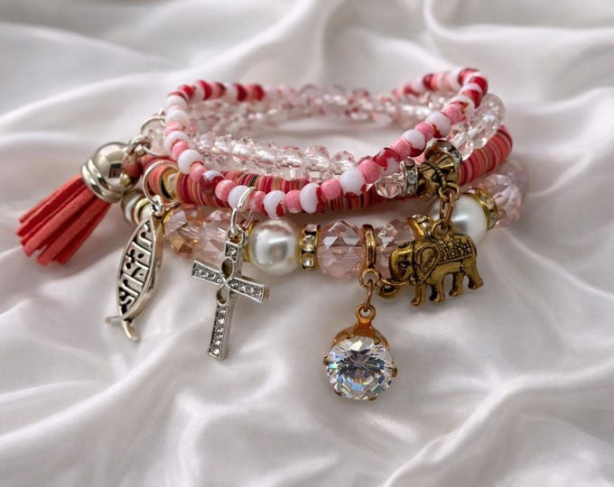 Set of 4 Stackable Stretch Bracelets - Handmade Salmon Beaded Bracelet with Tassel and 5 charms