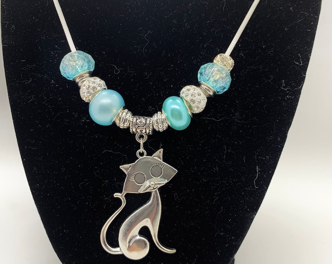 Bejeweled Turquoise Cat Charm Necklace