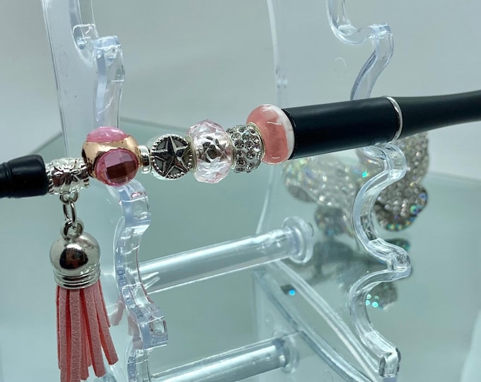 Bejeweled Black & Pink writing pen w/ leather tassle