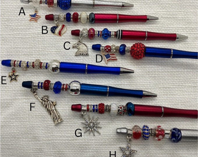 Patriotic Rhinestone Pens with Charms – USA Flag, Statue of Liberty, Star Designs etc. 15.00 ea – Personalized Letter Choice (A–H)