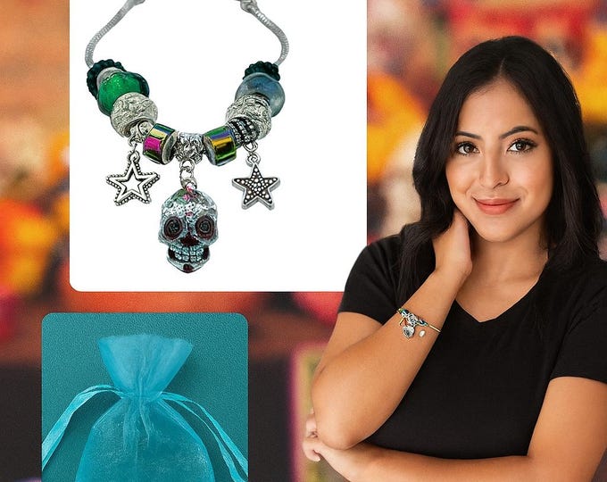 Sugar Skull Charm Bracelet – Día de los Muertos Inspired with Colorful Beads & Star Charms