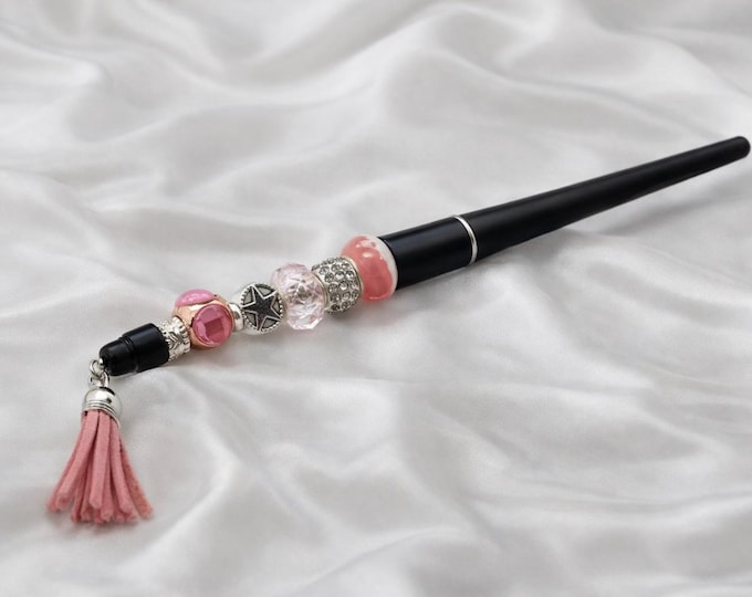 Bejeweled Black & Pink writing pen w/ leather tassle