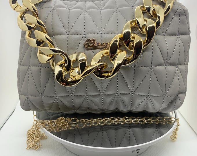 Elegant Taupe Quilted with gold and silver beads Handbag with Chunky Chain Strap & Zipper – Handmade Evening Shoulder Bag