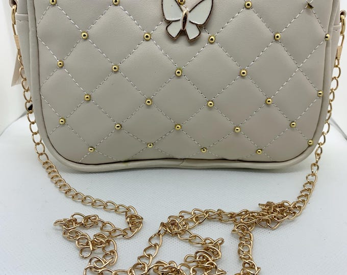 Elegant Cream Quilted with gold beads Handbag with Chain Strap & Tassel Zipper – Handmade Evening Shoulder Bag