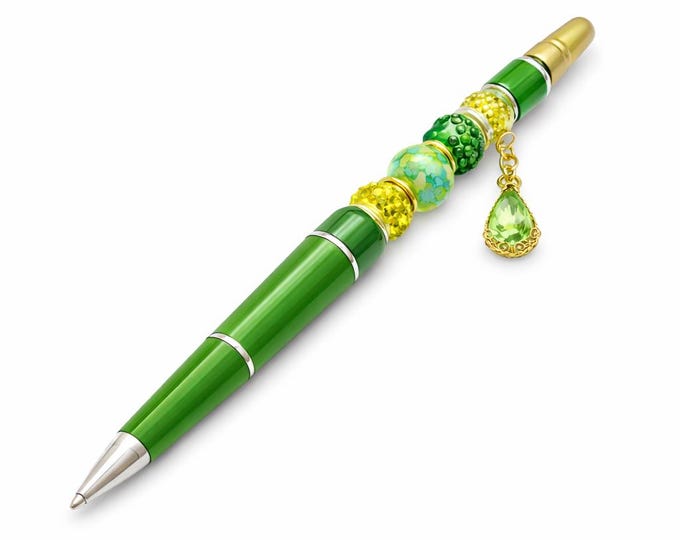 Lime Green Beaded Pen, Rhinestone Charm, Journaling Planner Accessory