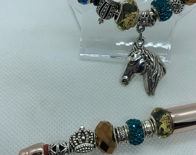 Western Cowgirl Bracelet and Pen Set – Silver Horse Charm, Teal & Bronze Beads, Equestrian Jewelry Gift for Horse Lovers. Incl organza bag