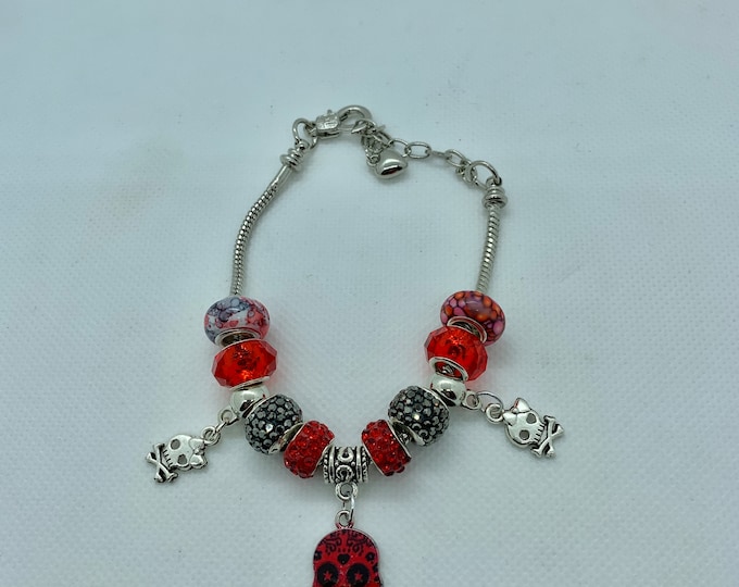 Bejeweled, red and silver Sugar Skull charm bracelet