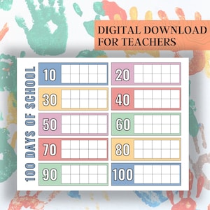 100 Days of School Counting Ten Frames Activity, Printable for Teachers, Ten Tables, Colorful Math, Early Education, PDF DIGITAL DOWNLOAD