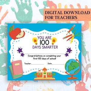 Certificado de conclusão de 100 dias de escola, professor para impressão para crianças, ensino fundamental, DOWNLOAD DIGITAL INSTANTÂNEO, 8,5x11