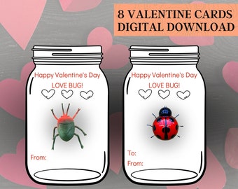 Love Bug Valentines, Printable Valentine Cards for kids, Insects, Mason Jar, Valentines for Teachers, VDay Cards, Pdf INSTANT DOWNLOAD