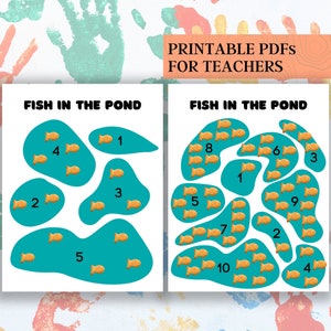 May include: Two printable worksheets for teachers, each featuring a pond with fish. The first worksheet has five ponds with numbers 1 through 5, and the second worksheet has nine ponds with numbers 1 through 10. The worksheets are titled "Fish in the Pond".