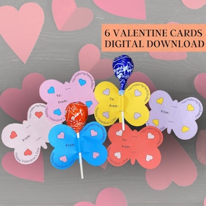 Butterfly Valentine&#39;s Day Cards for Kids, Printable Valentines, Butterfly Valentine, Lollipop Vday Cards, for Teachers Pdf, INSTANT DOWNLOAD