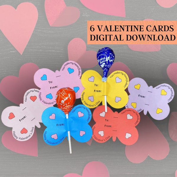 Butterfly Valentine's Day Cards for Kids, Printable Valentines, Butterfly Valentine, Lollipop Vday Cards, for Teachers Pdf, INSTANT DOWNLOAD