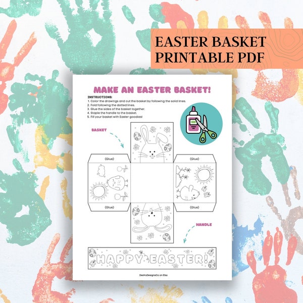 Paper Easter Basket Printable PDF, Diy Template, Easter Activity for Kids, Coloring, Cutting, and Gluing, INSTANT DOWNLOAD