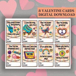 Tarjetas de San Valentín Retro Groovy para niños, Tarjetas V-Day imprimibles, Escuela primaria y secundaria, DESCARGA DIGITAL INSTANTE, 3.5 x 2.5