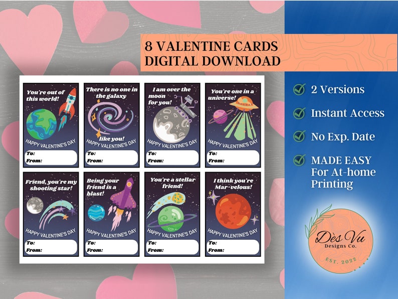 Outer Space Valentines Printable Valentine Cards For Kids Planets Stars Rocket Ship