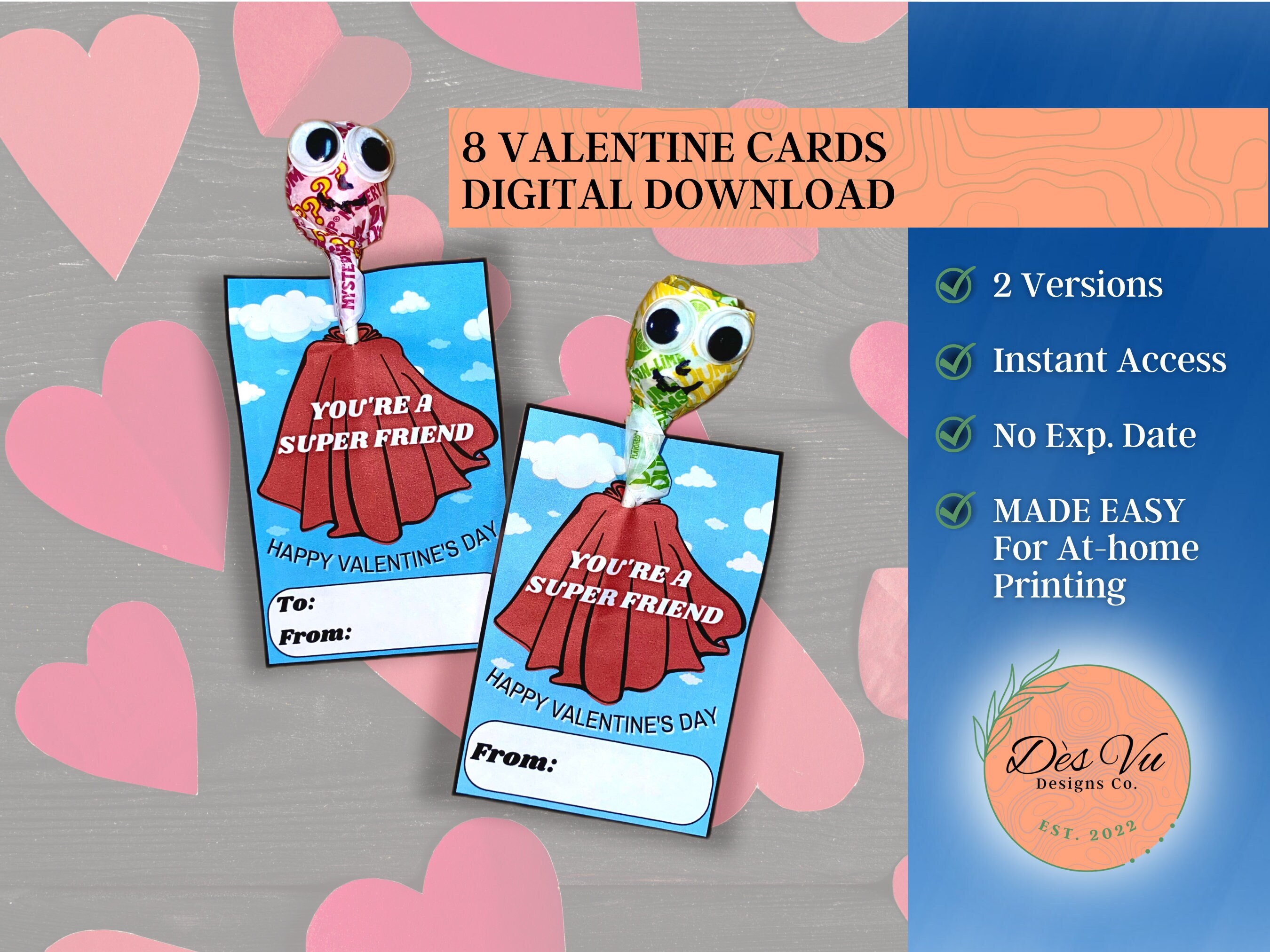 Super Hero Valentine's Day Cards for Kids, Lollipop, Printable V-day ...