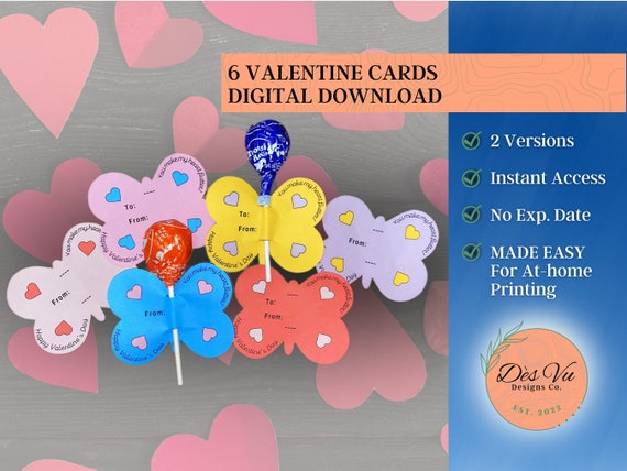 Butterfly Valentine's Day Cards for Kids, Printable Valentines, Butterfly Valentine, Lollipop Vday Cards, for Teachers Pdf, INSTANT DOWNLOAD