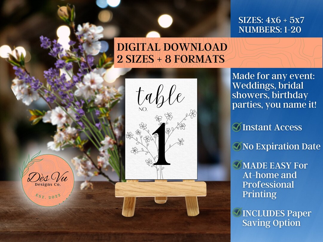 Modern Wildflowers Wedding Table Number Cards, Rustic Simple Flower ...