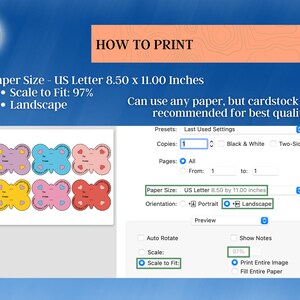 May include: A screenshot of a computer screen showing print settings for a document. The settings include paper size, orientation, scale, and other options. The document is a printable sheet of butterfly-shaped Valentine's Day cards.