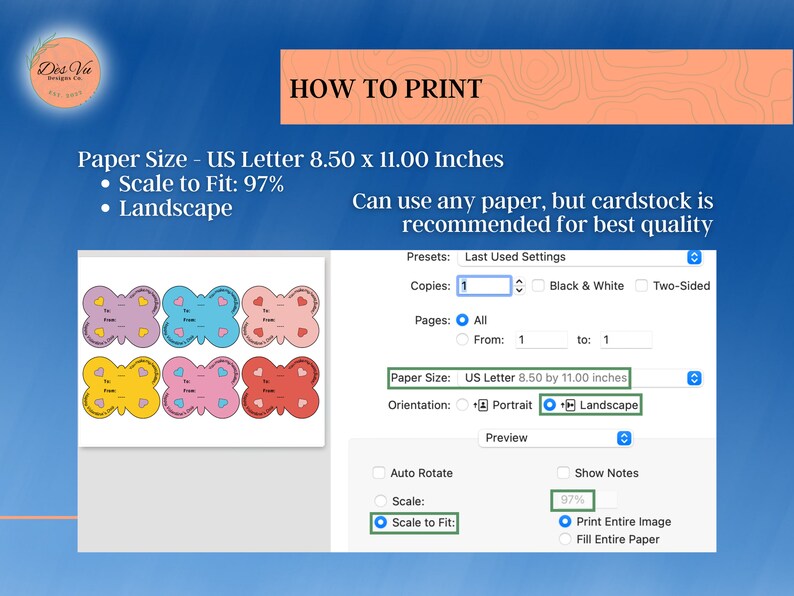 May include: A screenshot of a computer screen showing print settings for a document. The settings include paper size, orientation, scale, and other options. The document is a printable sheet of butterfly-shaped Valentine's Day cards.