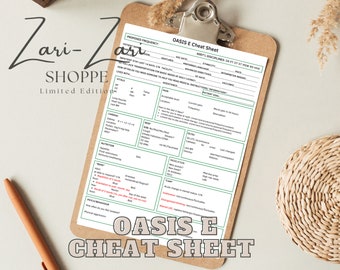 May include: A white sheet with green text titled "OASIS E Cheat Sheet". The sheet is a checklist for home health care professionals. It includes sections for patient information, pain, cardiac, respiration, nutrition, trends, psych behaviour, and medications.