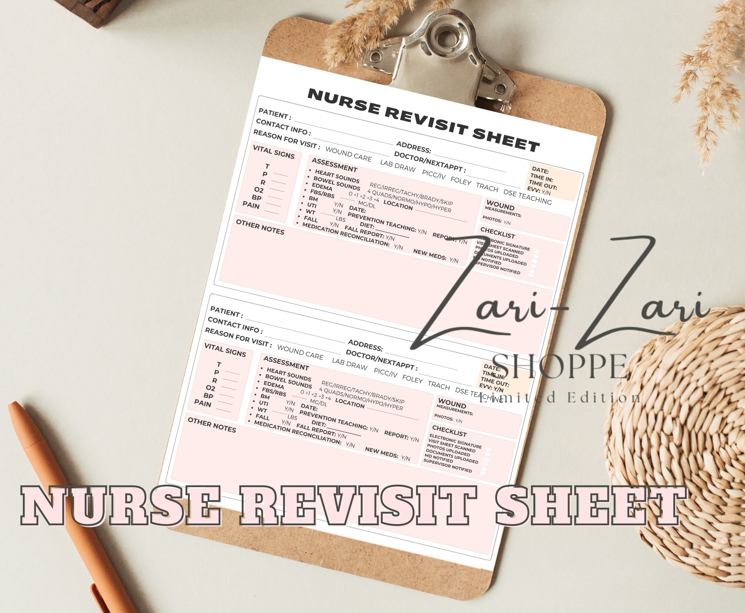 Nurse Revisit Sheet for Home Health Nurse, Nurse Visit Sheet, Skilled ...