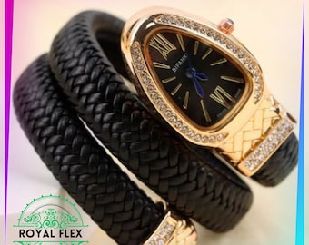 Luxuriöses Damen-Uhrenset mit niedlichem Schlangenarmband, geflochtenes schwarzes Band, moderne Uhren, kostenloser Versand weltweit