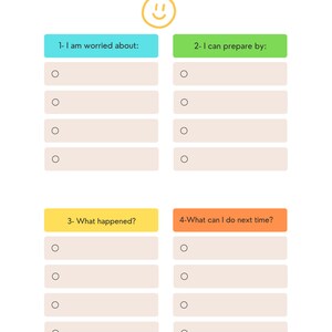 May include: A worksheet titled "Work Through Your Worries Worksheet" with a smiling face icon. The worksheet is divided into four sections: "I am worried about", "I can prepare by", "What happened?", and "What can I do next time?" Each section has five blank lines with a circle next to each line.