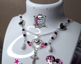 monster high draculaura necklace heart necklace Draculaura jewellery pink jewellery draculaura fashion handmade monster high necklace pink