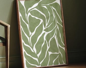 Impressão minimalista de folhas verdes: arte abstrata botânica linear (download digital)